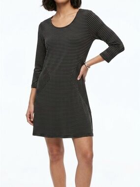 Comfy USA Striped Mitered Chevron Tunic Top Dress Lagenlook Artsy Charcoal S